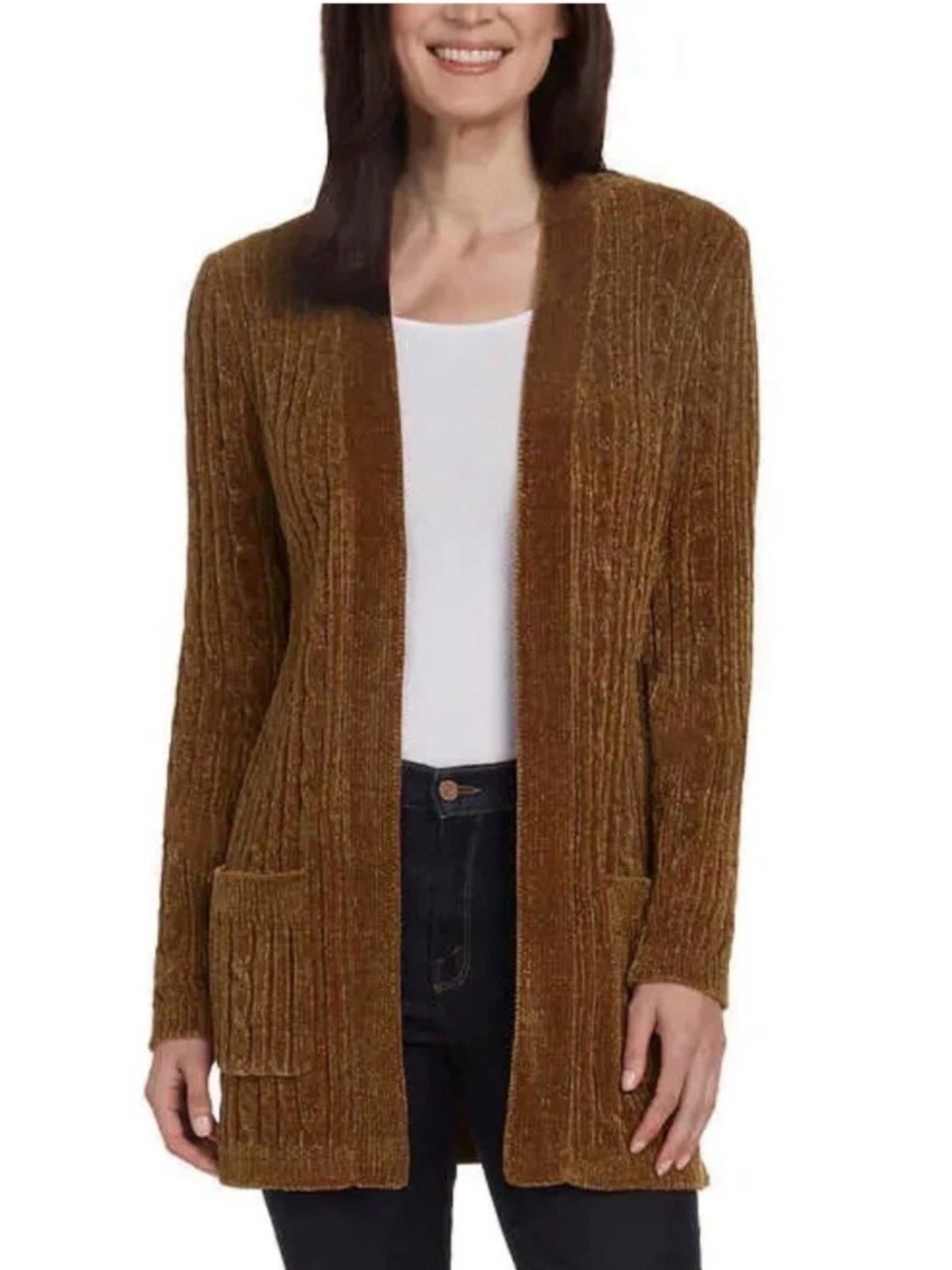 Matty M Open-Front Ribbed Chenille Cardigan in Tan